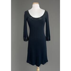 Karen Kane Women's Black Scoop Neck Jeweled Knit Dress 3/4 Sleeve Size Small NEW